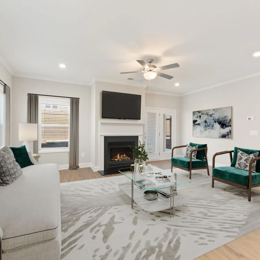 a living room with a fireplace