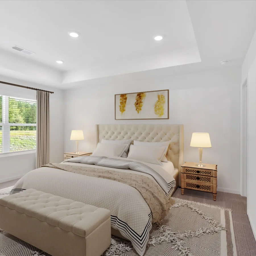 Bright and cozy bedroom with a plush bed, warm lighting, and elegant decor features.