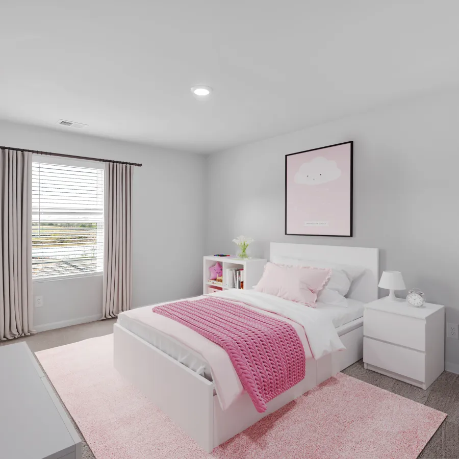 Cozy modern bedroom with pink decor, large window, and stylish furniture for a fresh aesthetic.
