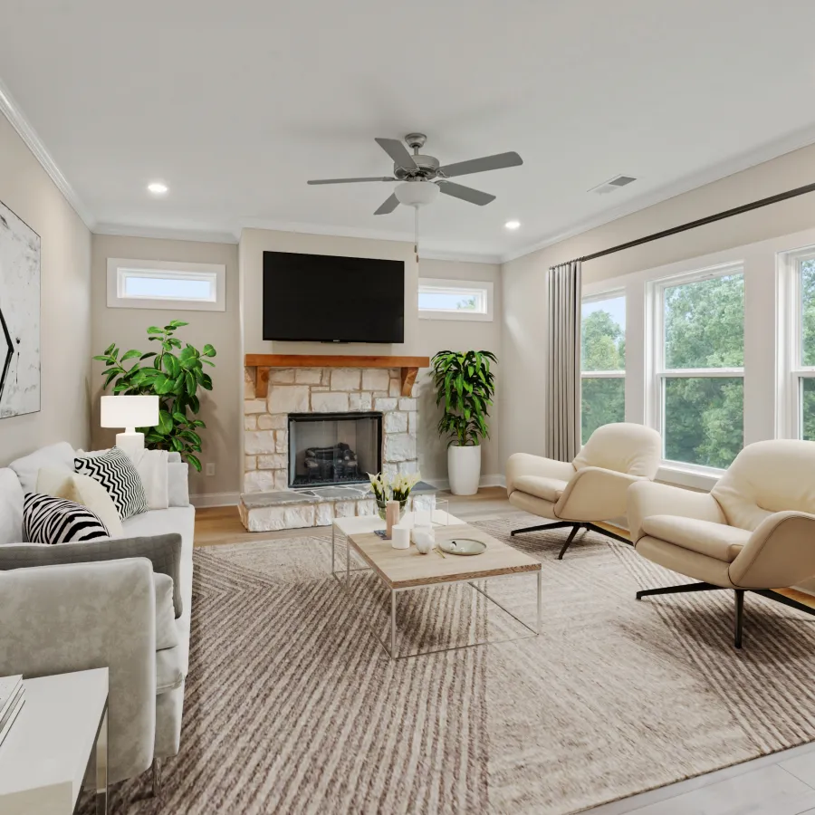 a living room with a fireplace