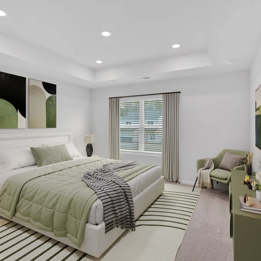 Modern bedroom featuring green accents, minimalist decor, and natural light from large window.