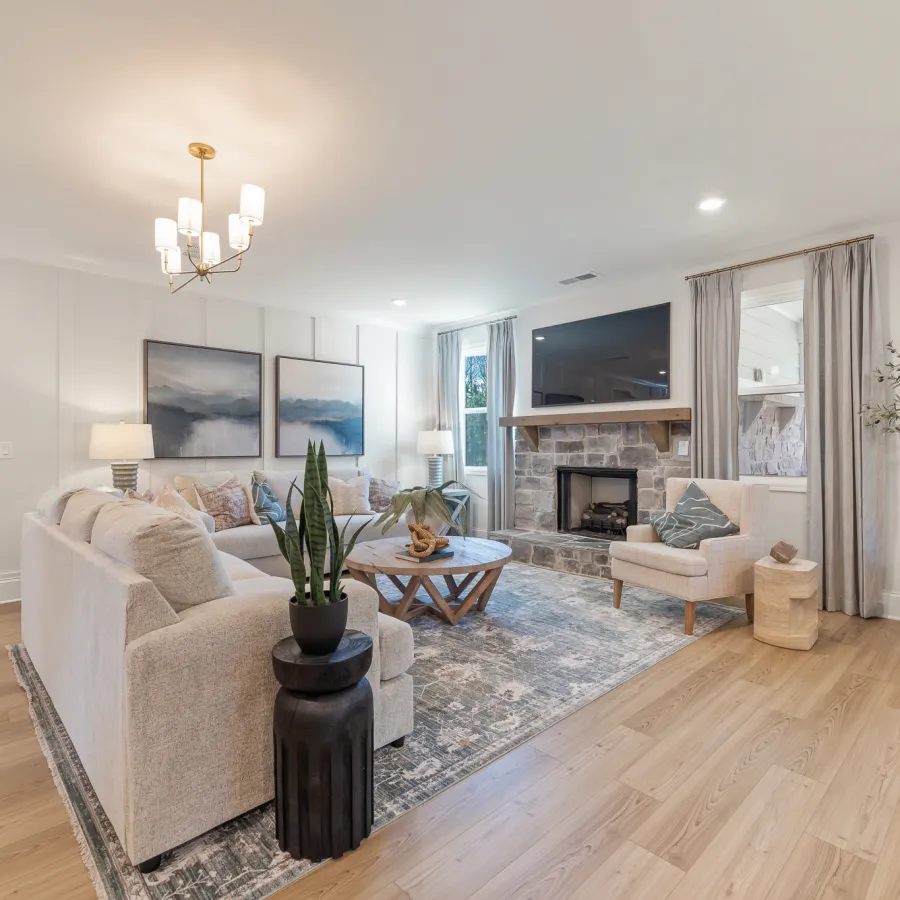 a living room with a fireplace