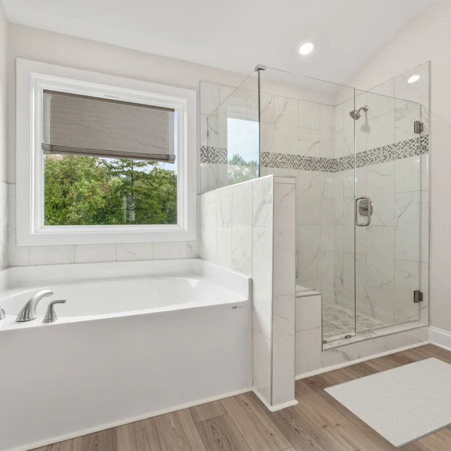 a bathroom with a glass shower