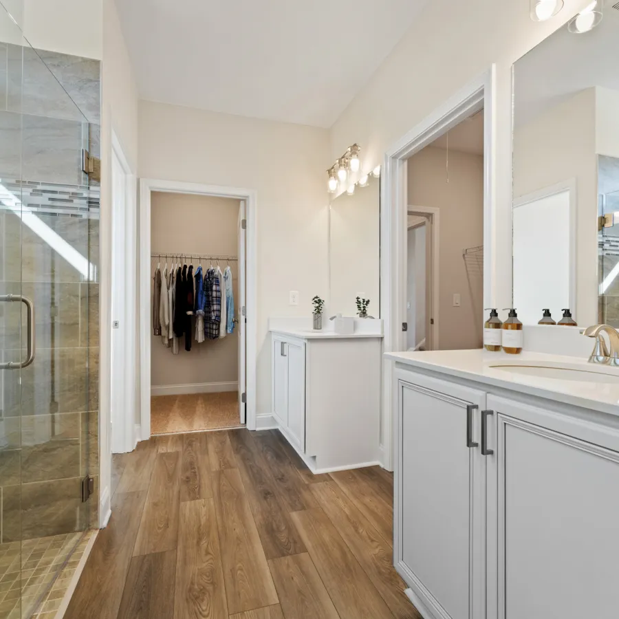 a bathroom with a glass shower
