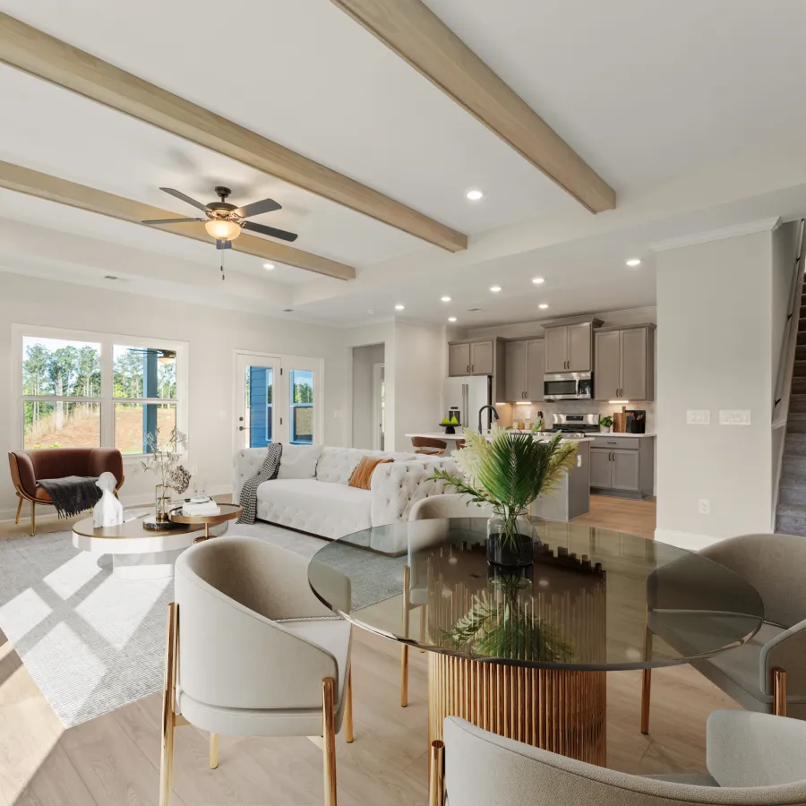 a large living room with a large staircase