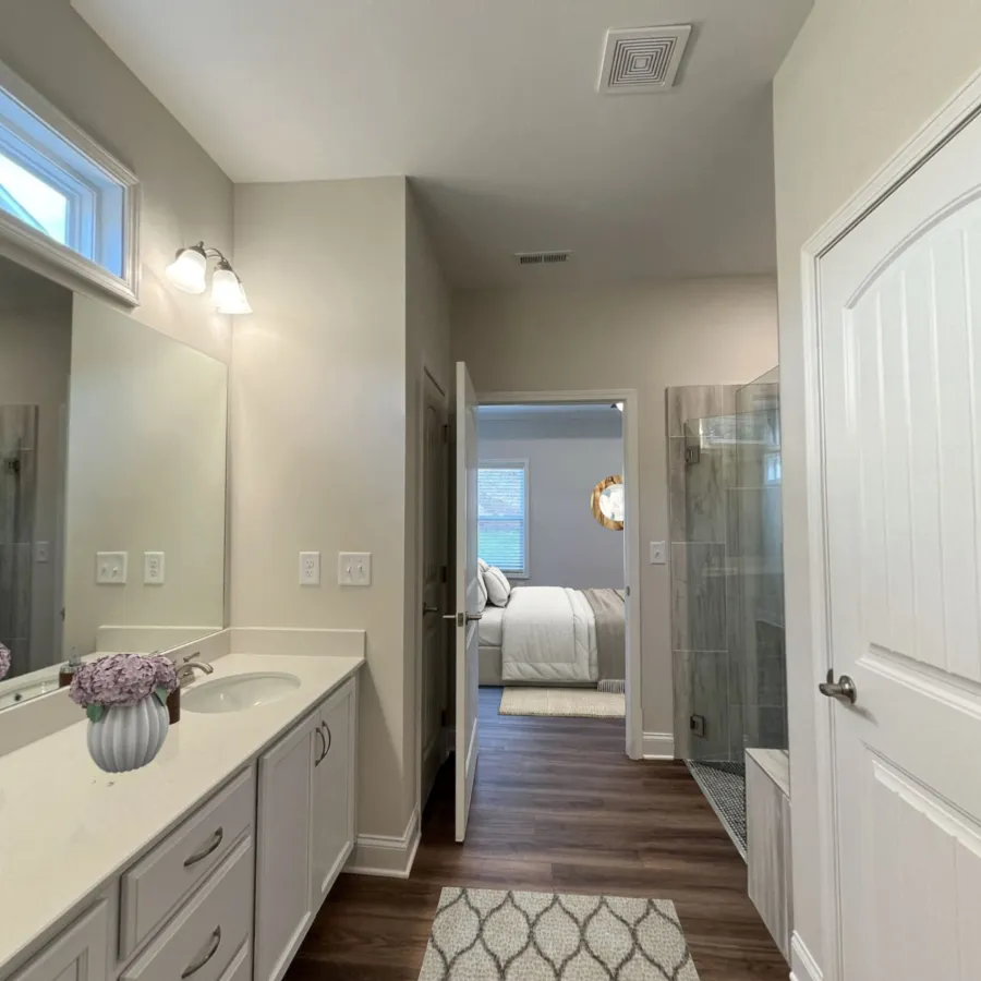 a bathroom with a large mirror