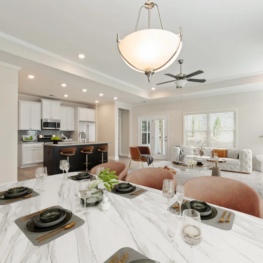 a dining room with a chandelier and a table set for a meal