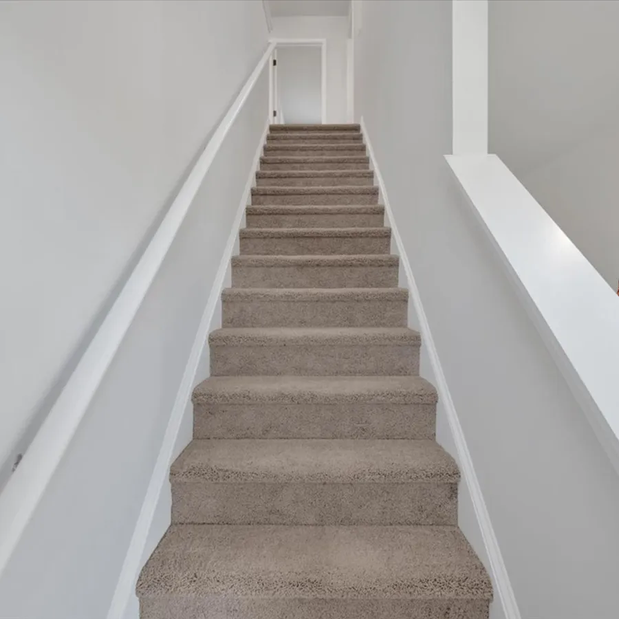 Carpeted staircase with white handrails and walls leading up to a closed white door in a bright interior.