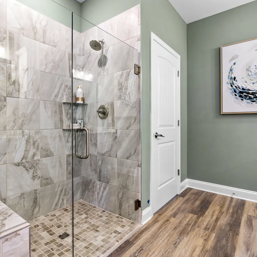 a bathroom with a glass shower