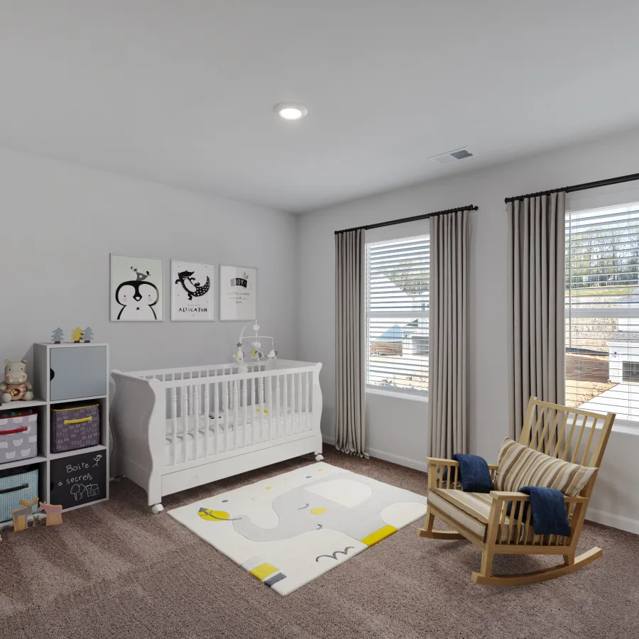 Bright baby nursery with white crib, rocking chair, toy storage, cute wall art, and large windows with beige curtains.