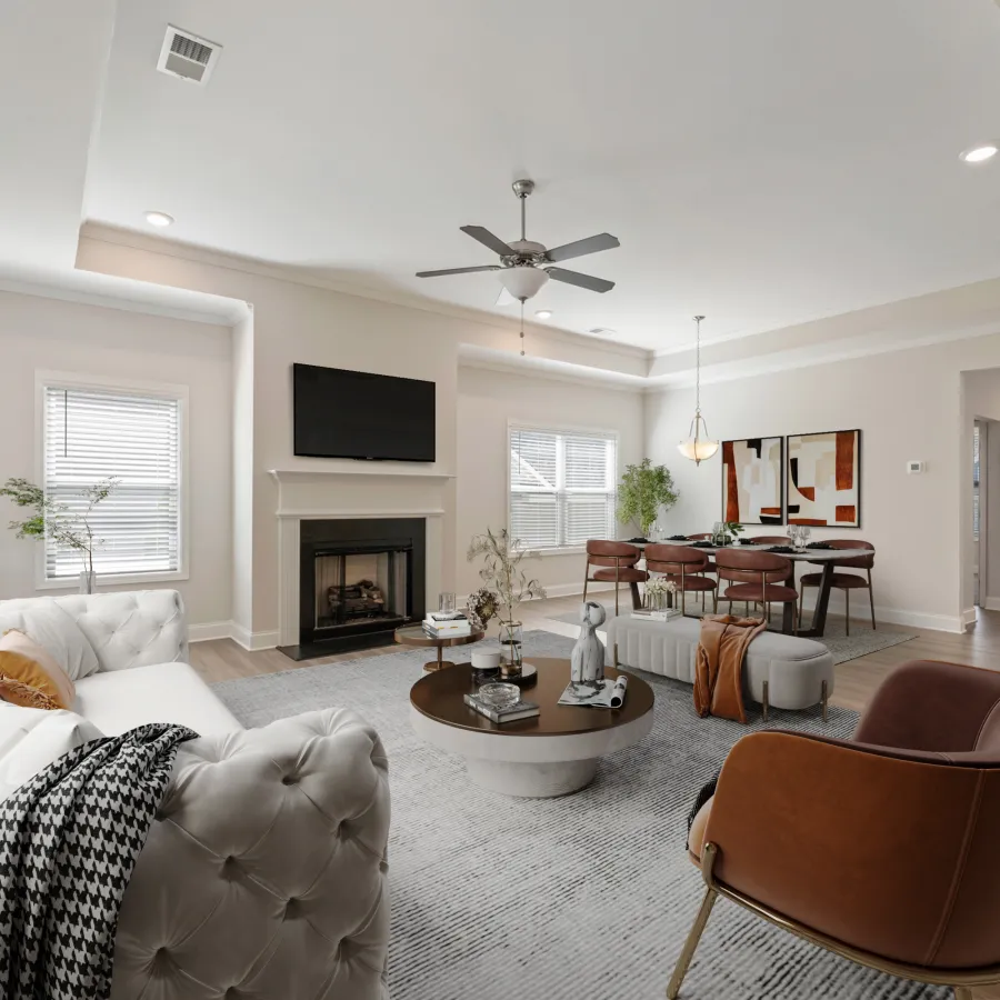 a living room with a fireplace