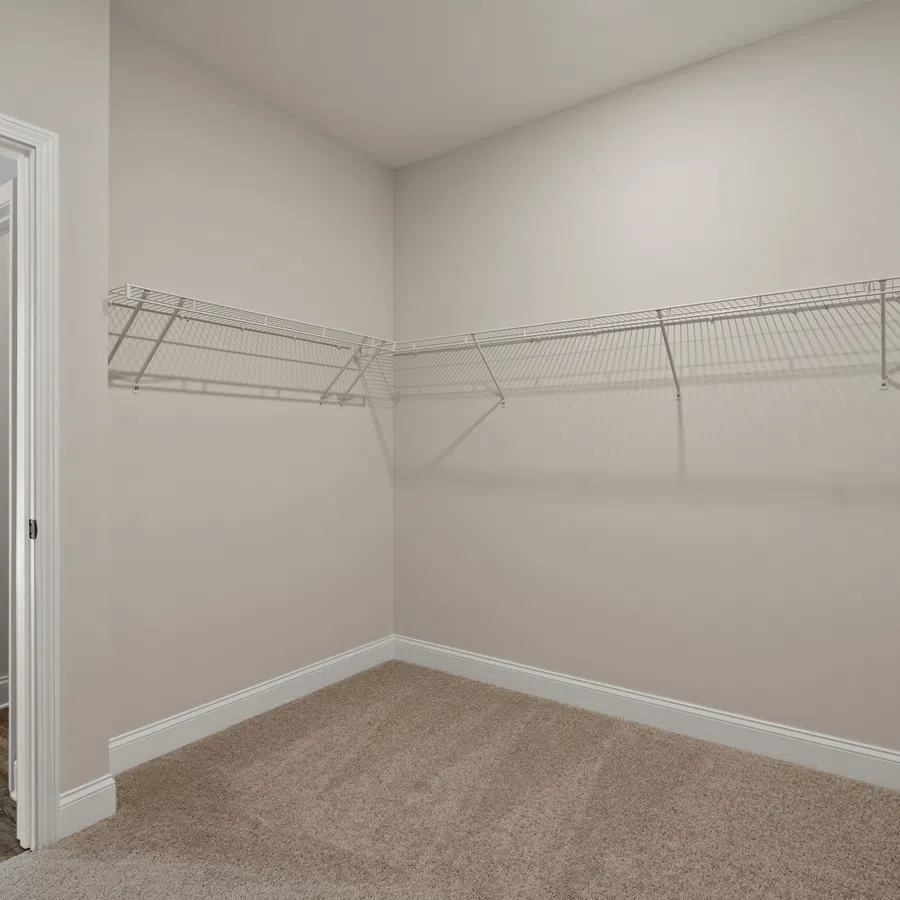 Empty walk-in closet with beige carpet, white walls, and wire shelving, leading to bright adjoining room.
