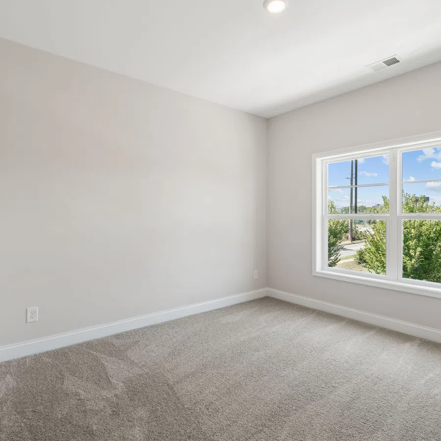 Empty bright room with beige carpet, large window showing green trees and blue sky outside.
