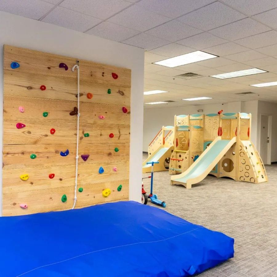 Indoor children's play area with wooden climbing wall, blue safety mat, and slides on beige carpet.