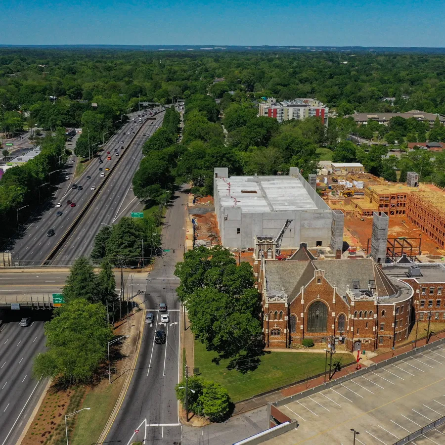 an aerial view of a large building