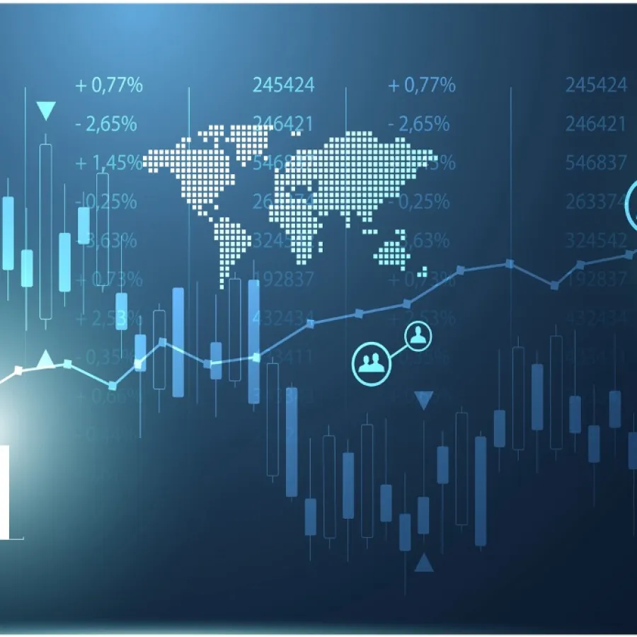 Digital world map with financial charts, graphs, and user connection icons illustrating global data analytics.