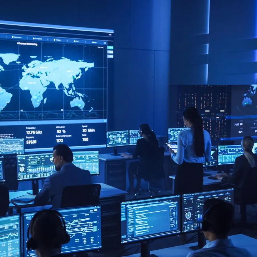 Cybersecurity team monitoring global threats on large digital maps and multiple computer screens in a control room.