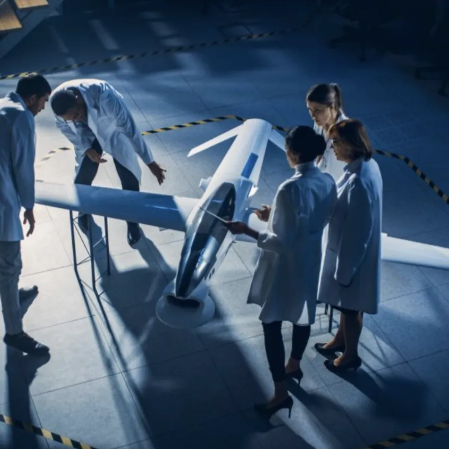 Scientists examining a model aircraft in a high-tech laboratory setting.
