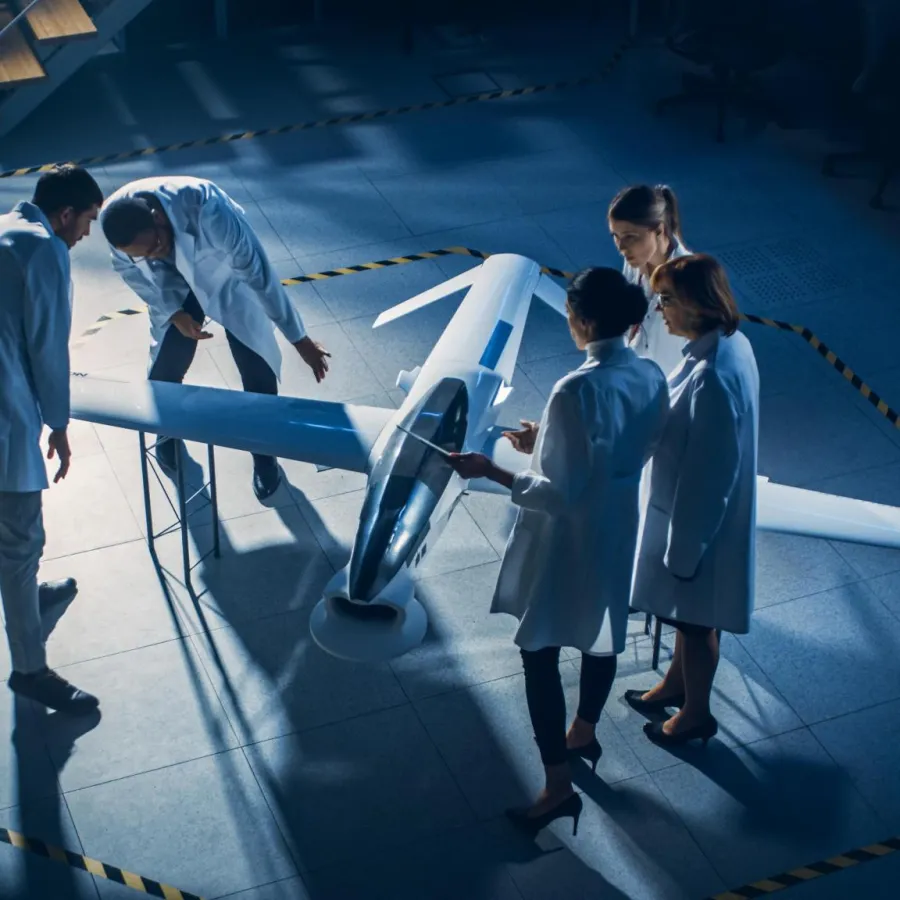 Four engineers in lab coats examining a sleek small aircraft prototype in a dimly lit hangar.