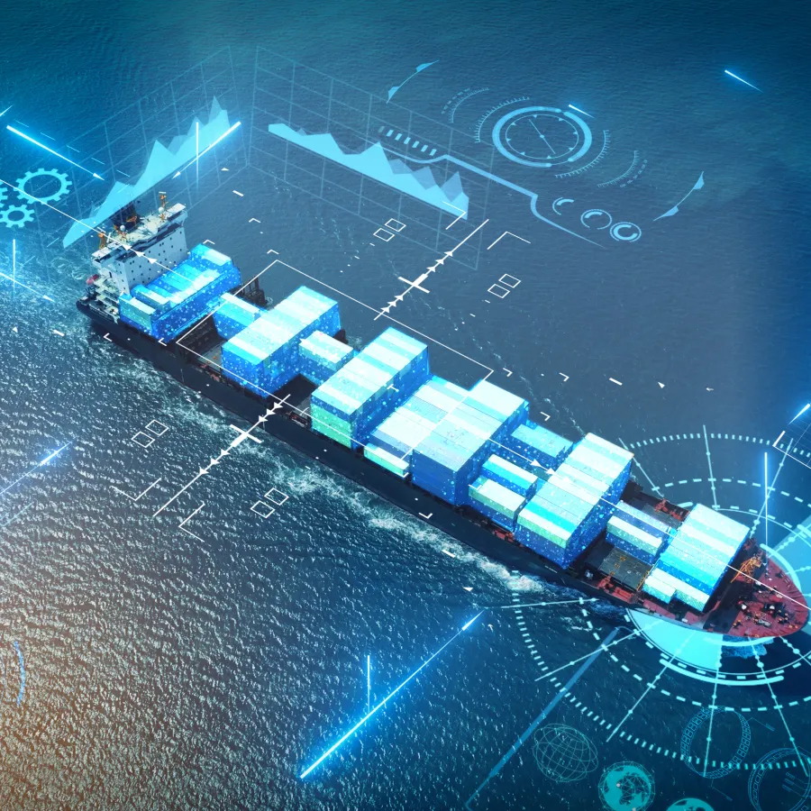 Cargo ship with containers at sea surrounded by digital logistics and data interface graphics.