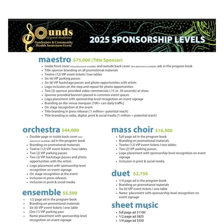 2025 Sounds of Good Medicine sponsorship levels with benefits and pricing for Maestro, Orchestra, Mass Choir, Duet, Ensemble, and Sheet Music.