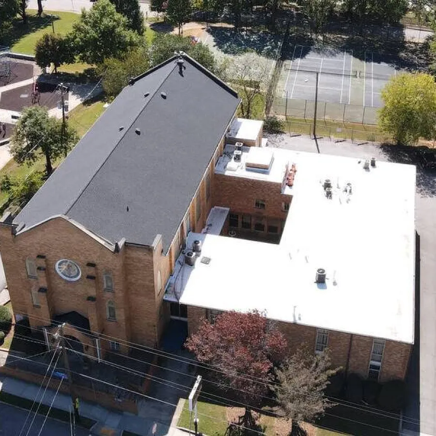 a building with a parking lot