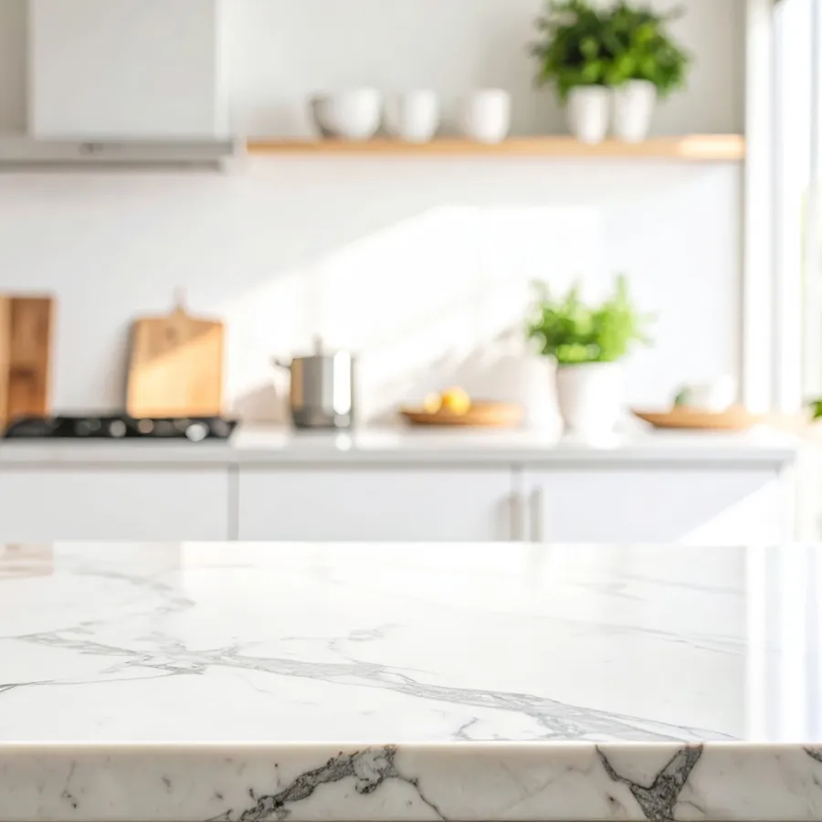 Bright modern kitchen with white marble countertop, green plants, and natural light from window.