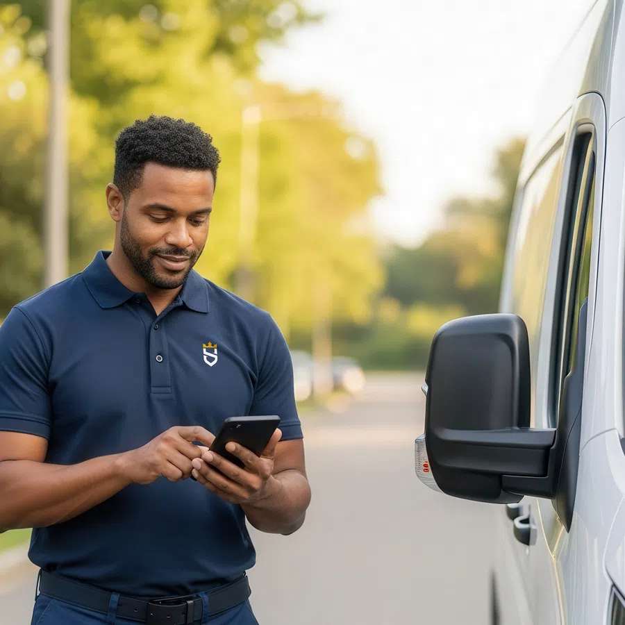 Smiling delivery worker using smartphone next to white van on suburban street with trees in background