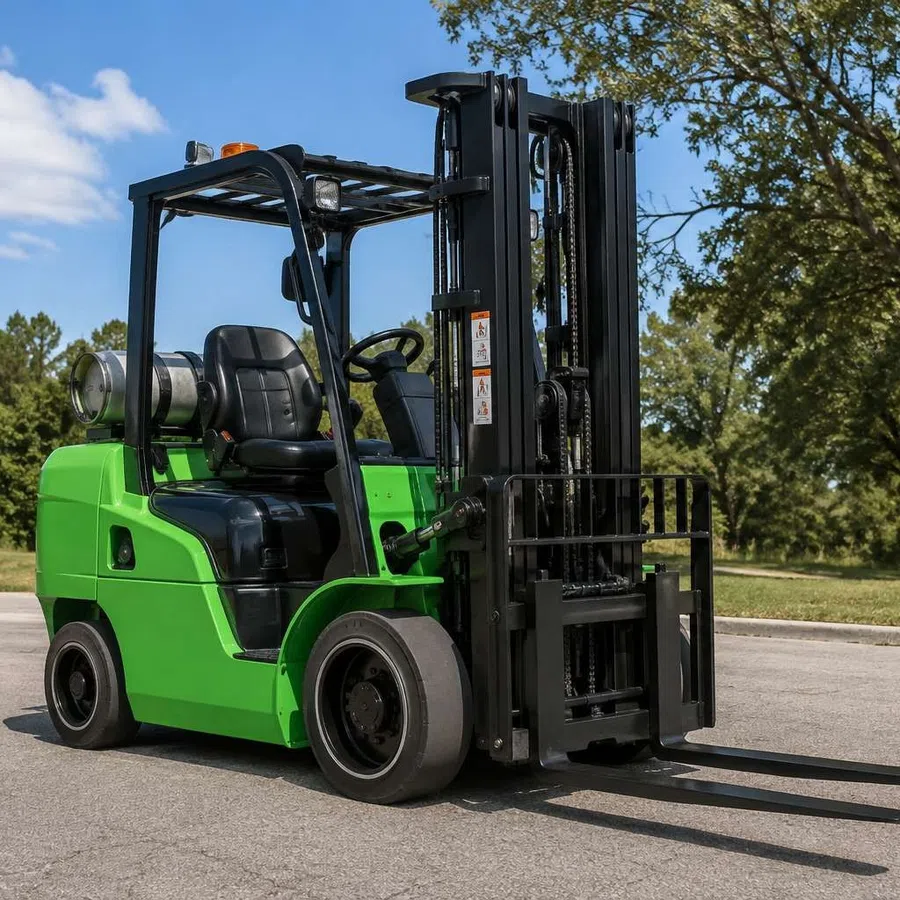 Green forklift parked on pavement near trees under a clear blue sky on a sunny day