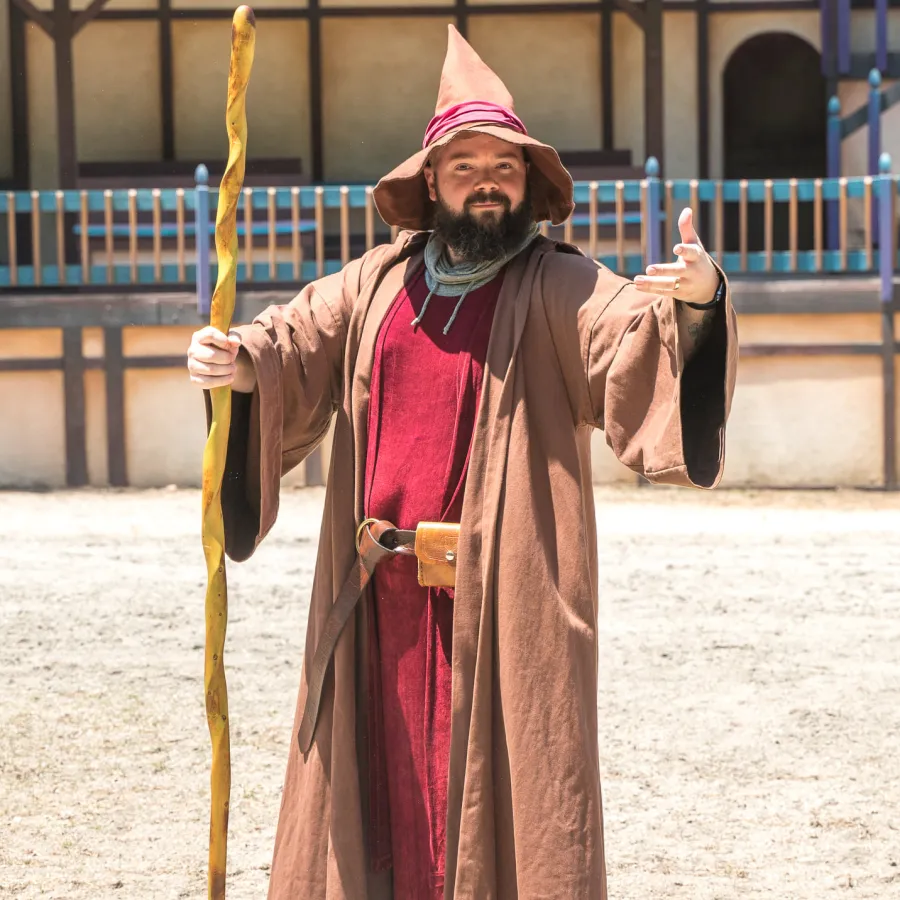 Man dressed as wizard in brown robe and pointed hat holding wooden staff outdoors at renaissance fair.