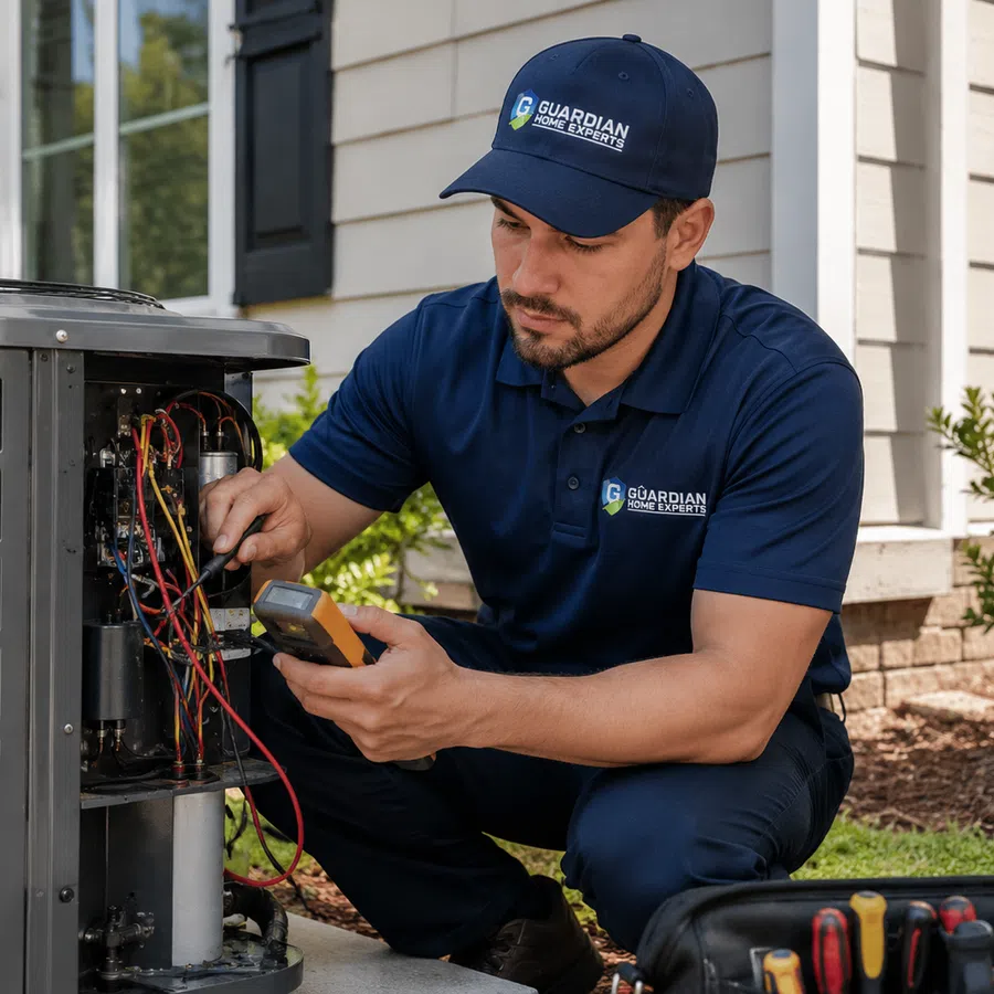 Technician in Guardian Home Experts uniform repairing an outdoor HVAC unit with tools and multimeter.
