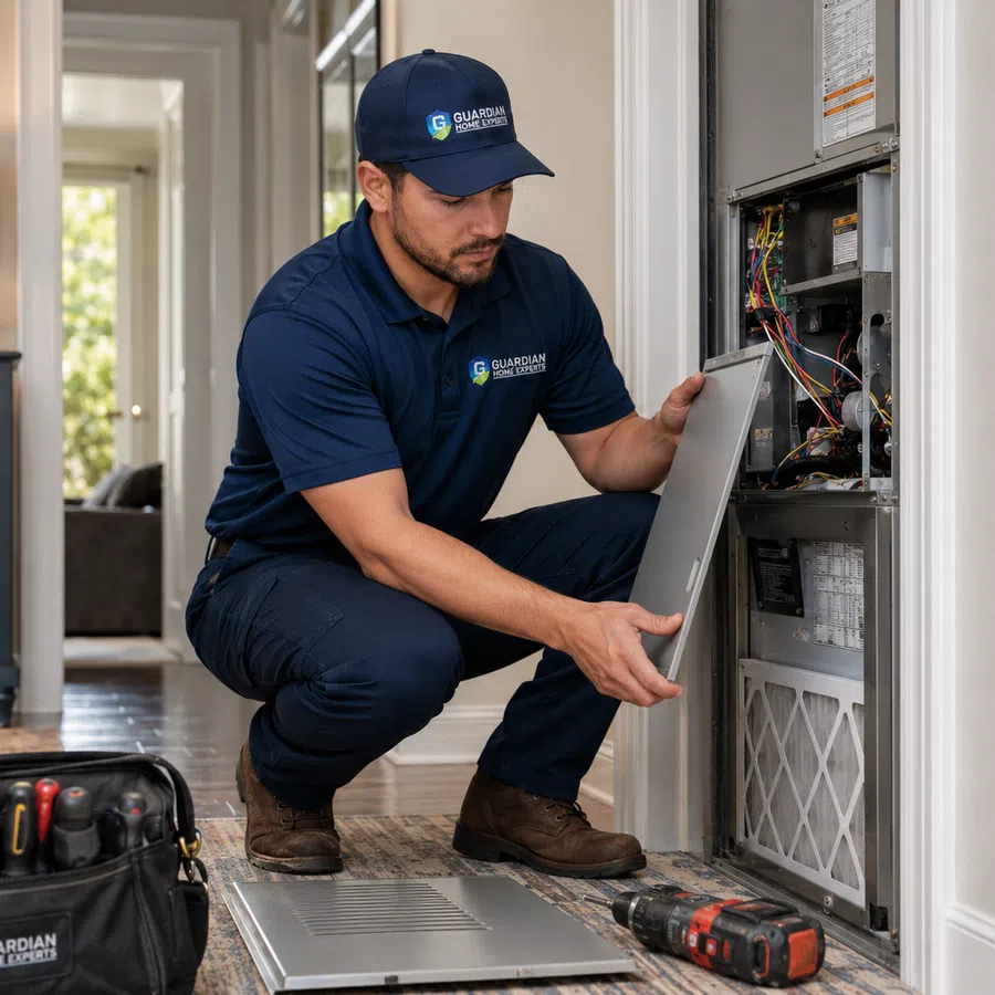 Technician in uniform inspecting HVAC system inside a home hallway with tools and equipment bag nearby