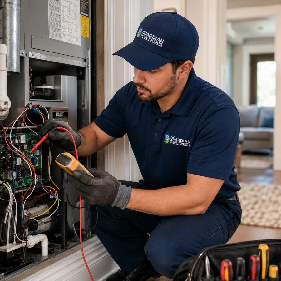 Technician in uniform using multimeter to inspect HVAC system inside a residential home