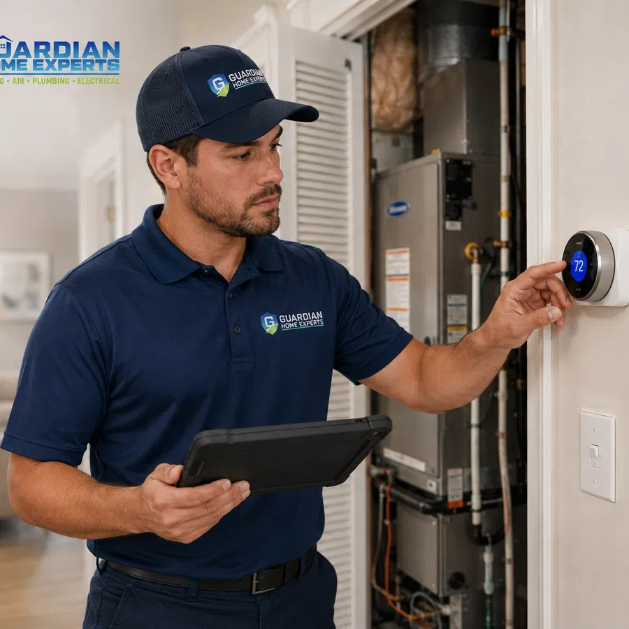 Technician from Guardian Home Experts adjusting a smart thermostat at 72 degrees inside a modern home with HVAC unit.