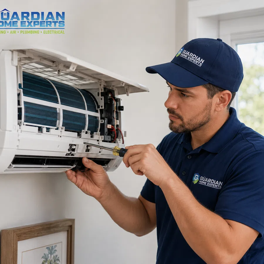 Technician repairing a wall-mounted air conditioning unit indoors wearing a Guardian Home Experts uniform.