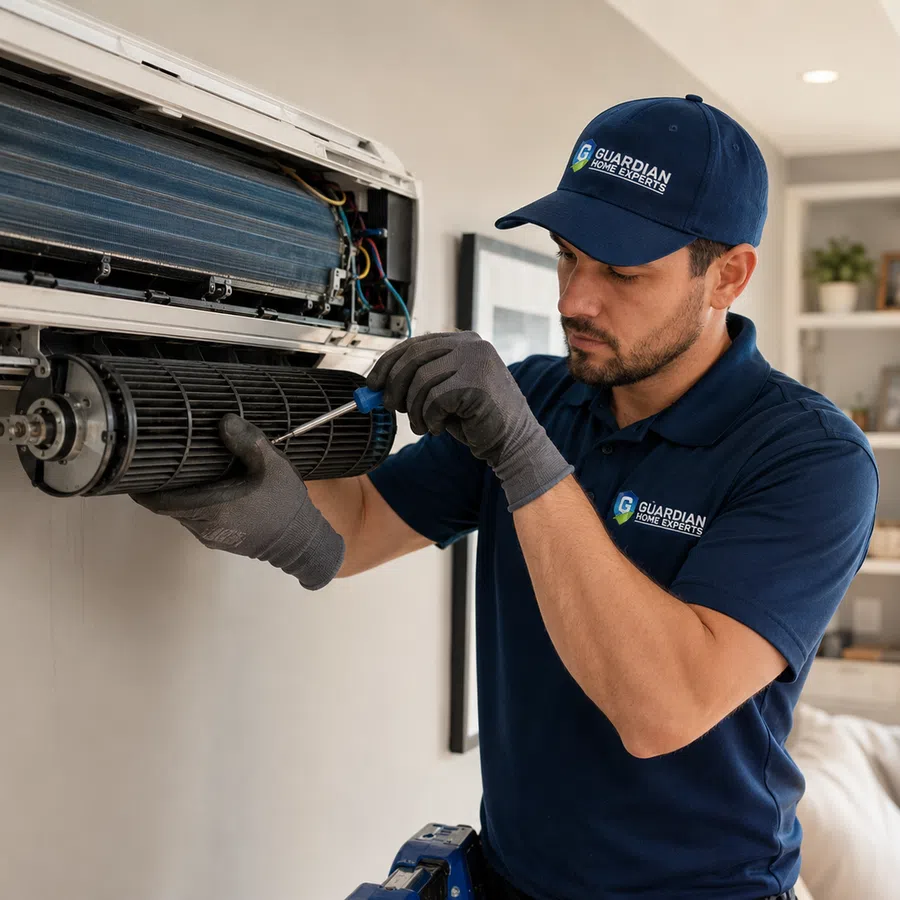 Technician in blue uniform repairing indoor air conditioning unit with screwdriver in residential living room.