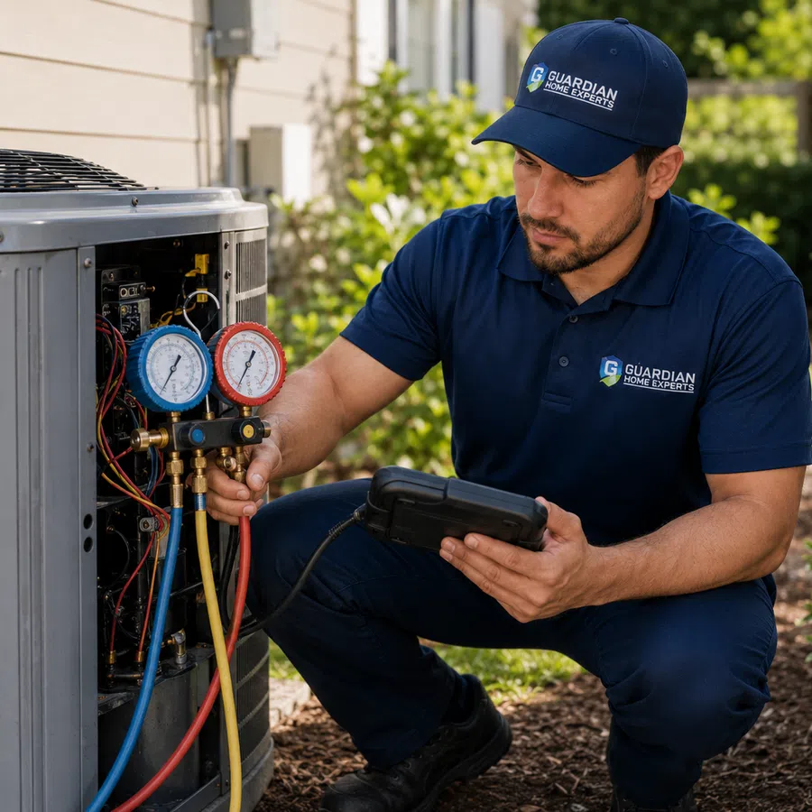 Technician in blue uniform servicing outdoor air conditioning unit with gauges and diagnostic tool in residential setting.