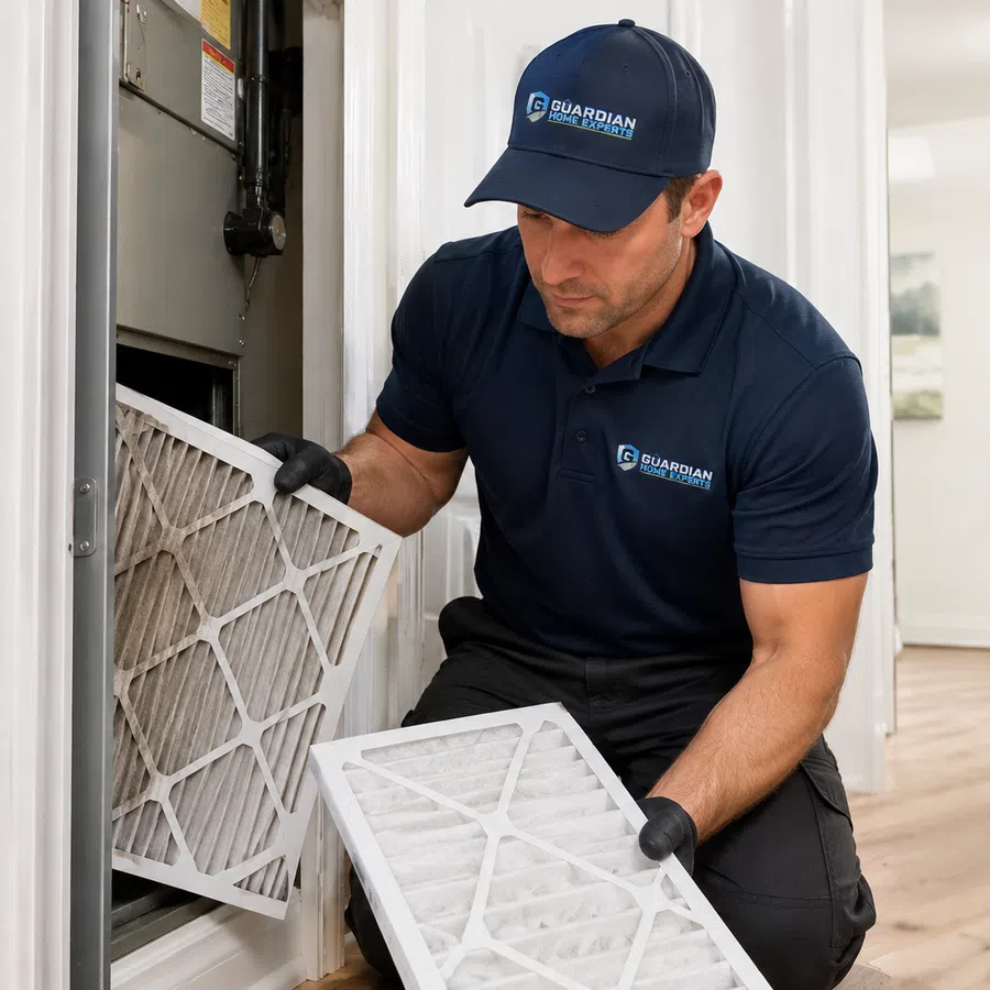Technician in blue uniform changing air filters in home ventilation system hallway.