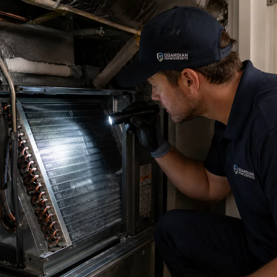 Technician inspecting HVAC unit with flashlight wearing Guardian Home Experts uniform indoors