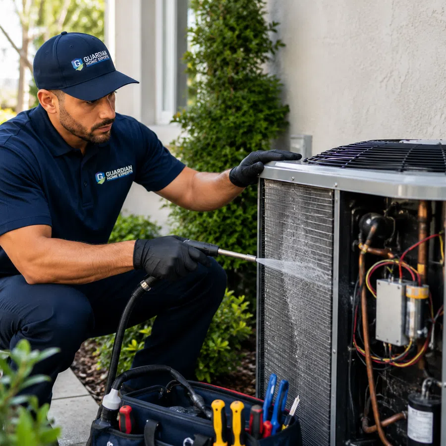 Technician in blue uniform cleaning outdoor air conditioning unit with water hose near house exterior wall.