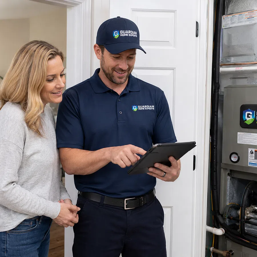 Heating technician in uniform showing homeowner information on tablet next to furnace in home