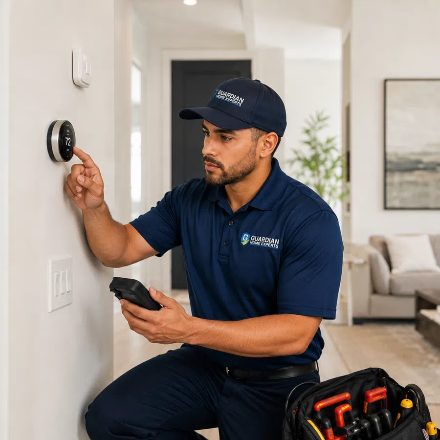 Technician in blue uniform adjusts a smart thermostat in a modern living room with tools nearby.