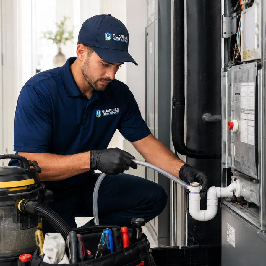 Technician in Guardian Home Experts uniform servicing HVAC unit with tools and vacuum in utility room.