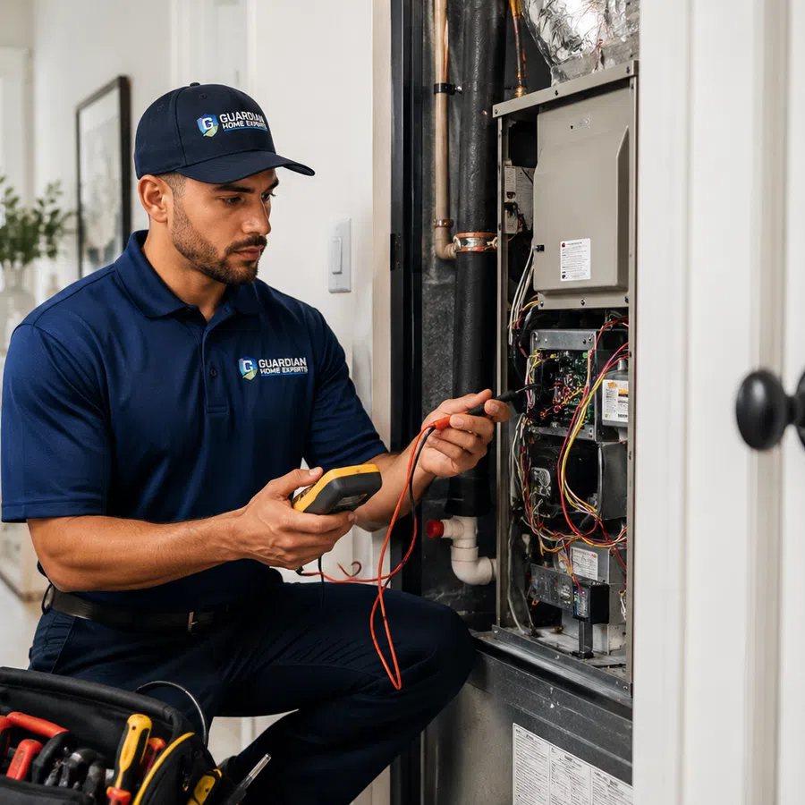 Technician in blue uniform inspecting and testing HVAC system inside a residential home with multimeter tools.