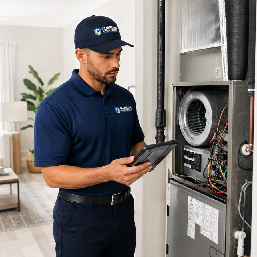 Technician in blue uniform inspecting home HVAC system with a tablet in a modern living room.