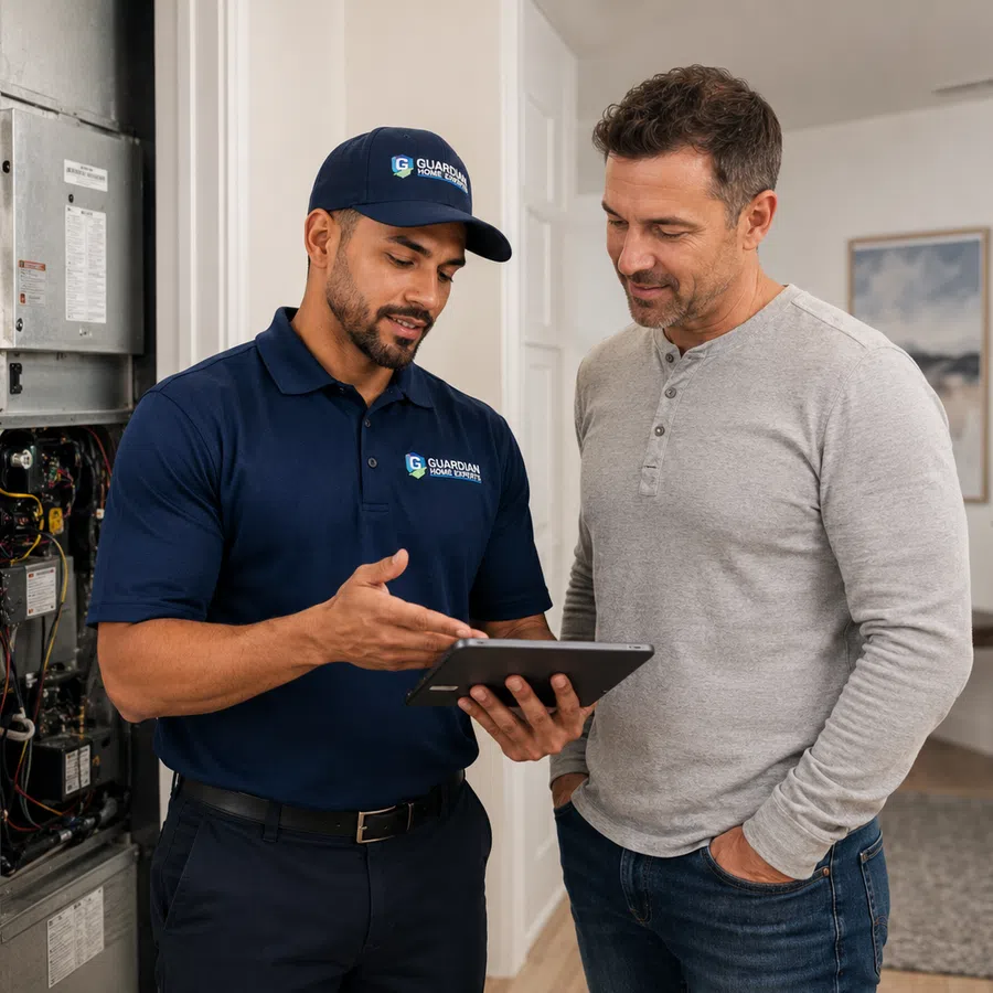 Technician in navy uniform explaining HVAC system details to homeowner using a tablet inside a residential home.