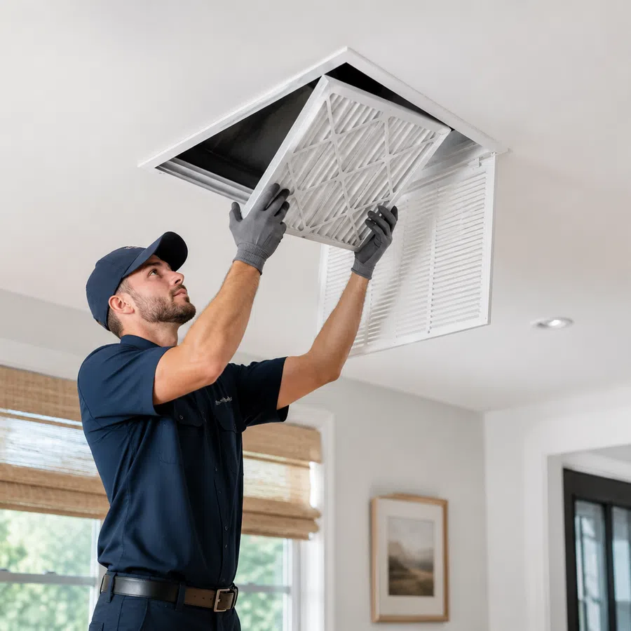 Technician wearing gloves installing or replacing ceiling air filter in a modern home interior vent.