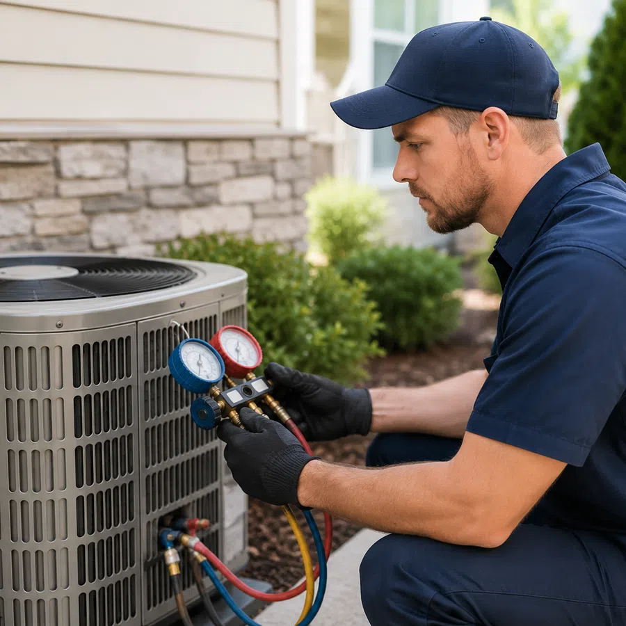 Technician in uniform inspecting and measuring pressure on an outdoor air conditioning unit with gauges.