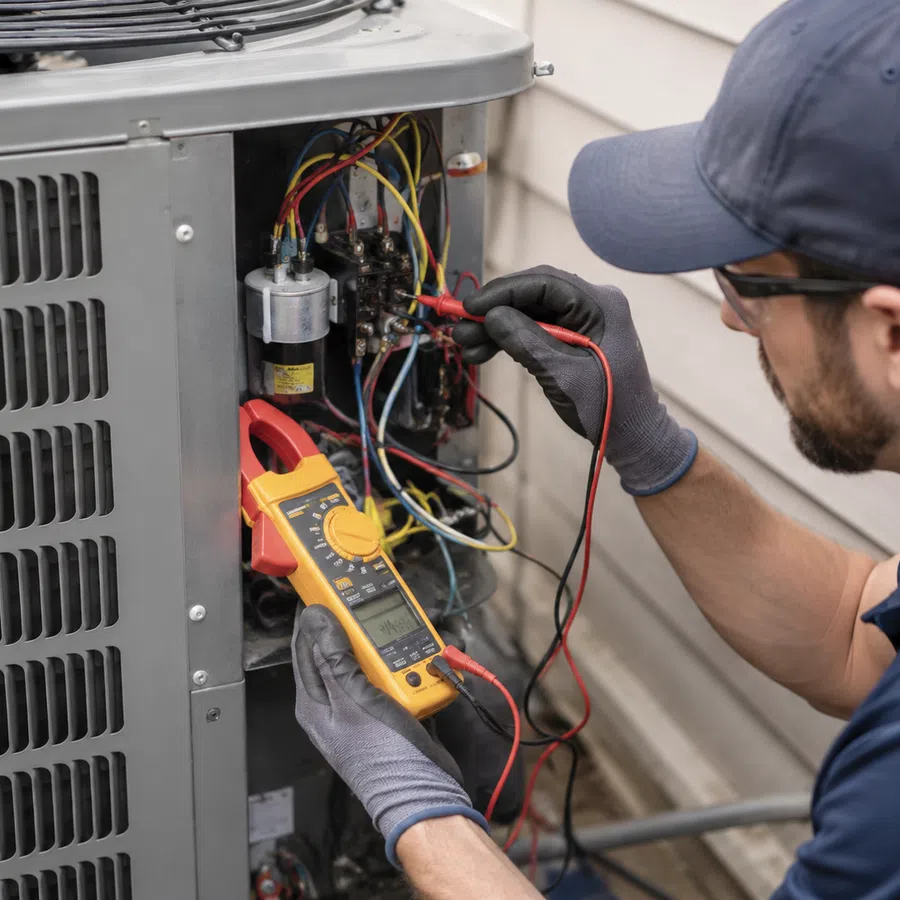 Technician in blue uniform measuring electrical current on HVAC unit with digital clamp meter and probes