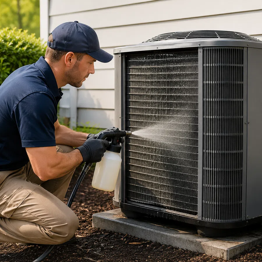 Technician cleaning outdoor air conditioning unit with spray bottle and hose beside a house.